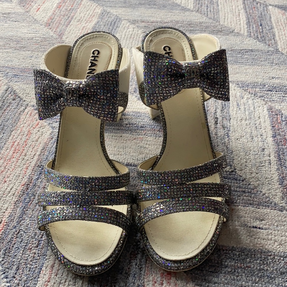 Chanel white velvet and glitter bow sandal